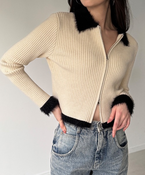 JUNOAH（ジュノア） ニット セーター バイカラーシャギーダブルジップ