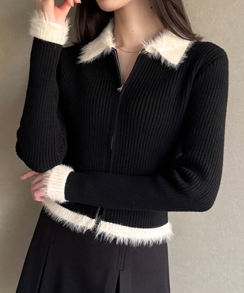 JUNOAH（ジュノア） ニット セーター バイカラーシャギーダブルジップ