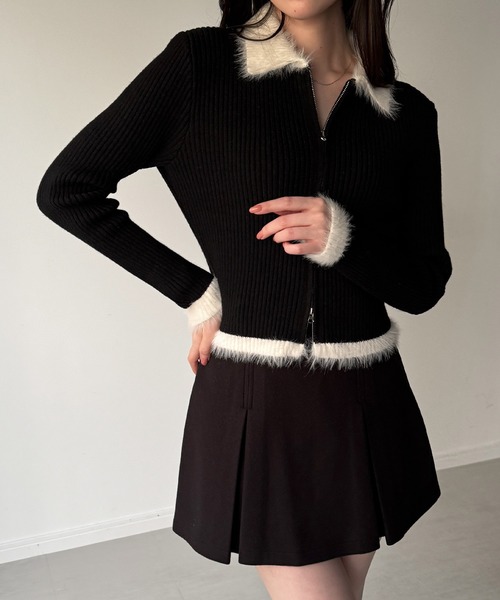 JUNOAH（ジュノア） ニット セーター バイカラーシャギーダブルジップ