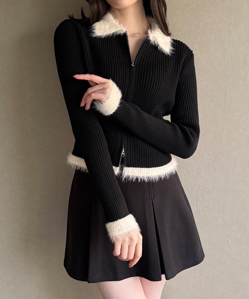 JUNOAH（ジュノア） ニット セーター バイカラーシャギーダブルジップ