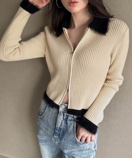 BEAUTY&YOUTH ダブルジップニット JUNOAH（ジュノア） ニット セーター バイカラーシャギーダブルジップ