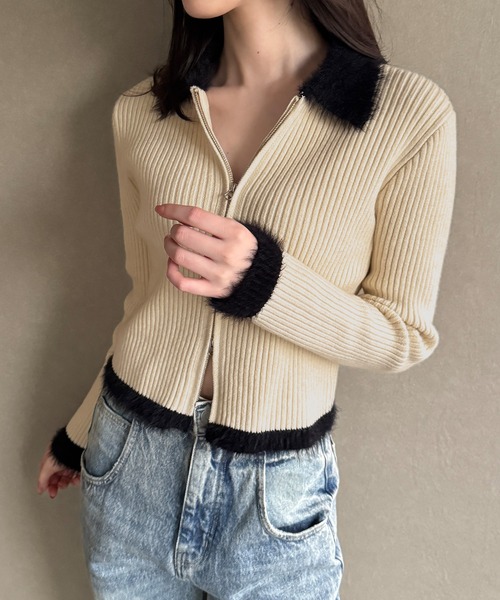 JUNOAH（ジュノア） ニット セーター バイカラーシャギーダブルジップ