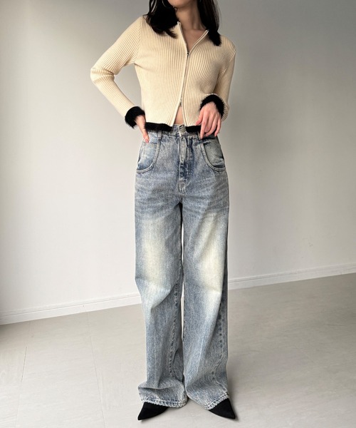 レディース　ジップアップニットセーター　ジップセーター JUNOAH（ジュノア） ニット セーター バイカラーシャギーダブルジップ