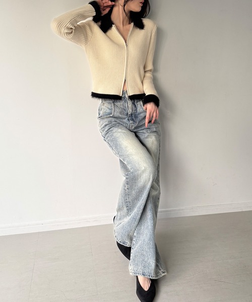 JUNOAH（ジュノア） ニット セーター バイカラーシャギーダブルジップ