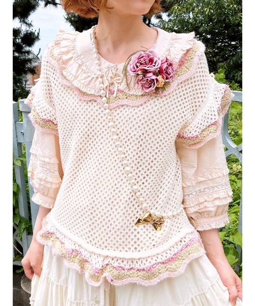 PINK HOUSE ブラウス シャツ フランス製レース使いローン