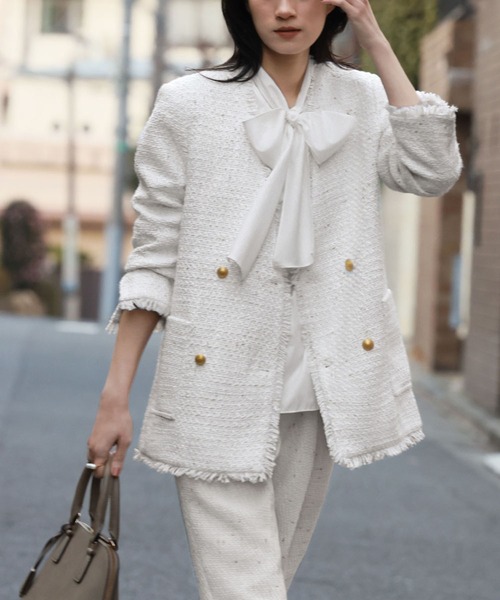 ELFRANK ノーカラージャケット FREE オフホワイト レディース