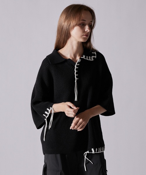 半グレ アウトレット】courreges クレージュ モックネック半袖ニット