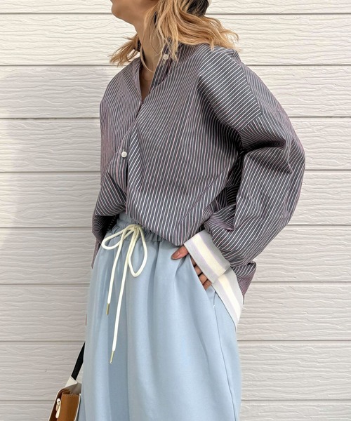 Q ブラウス シャツ マルチストライプリブドッキングシャツ レディース
