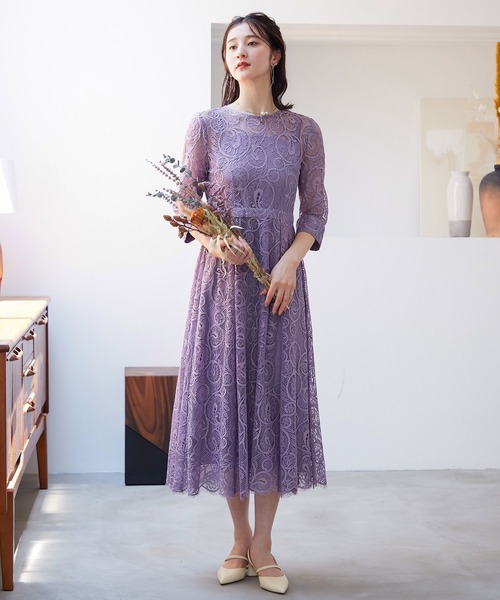 【未使用級】アナスイ マキシ丈 フレア ワンピース 半袖 シルク 刺繍 パープル niana（ニアナ） 半袖ワンピース M パープル系その他 レディース