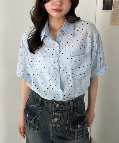 CLEA ブラウス シャツ 半袖 ドット柄シアー半袖シャツブラウス