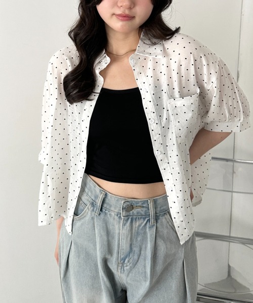 HIAND ホワイト ドット柄 シアー 半袖シャツ CLEA ブラウス シャツ 半袖 ドット柄シアー半袖シャツブラウス