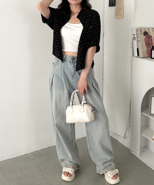 HIAND ホワイト ドット柄 シアー 半袖シャツ CLEA ブラウス シャツ 半袖 ドット柄シアー半袖シャツブラウス