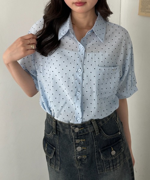 CLEA ブラウス シャツ 半袖 ドット柄シアー半袖シャツブラウス