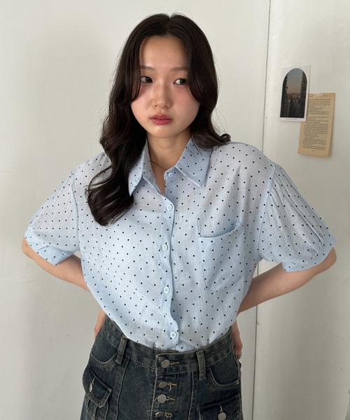 CLEA ブラウス シャツ 半袖 ドット柄シアー半袖シャツブラウス