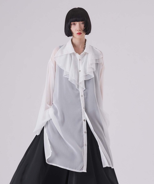 狐独 シャツ ラッフル襟ロングシアーシャツ メンズ レディース