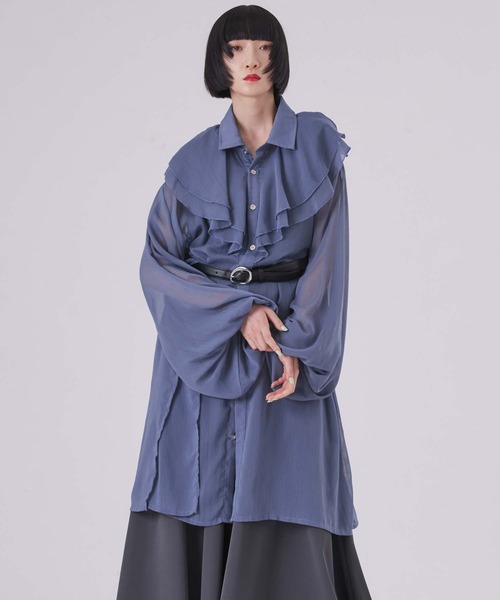 狐独 シャツ ラッフル襟ロングシアーシャツ メンズ レディース