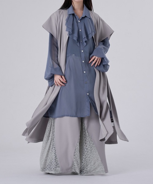 狐独 シャツ ラッフル襟ロングシアーシャツ メンズ レディース