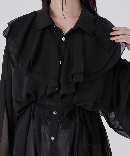 狐独 ラッフル襟ロングシアーシャツ ブラック L 狐独 シャツ ラッフル襟ロングシアーシャツ メンズ レディース