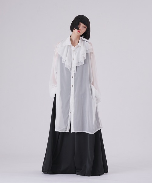 狐独 シャツ ラッフル襟ロングシアーシャツ メンズ レディース