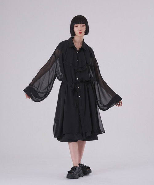 狐独 シャツ ラッフル襟ロングシアーシャツ メンズ レディース