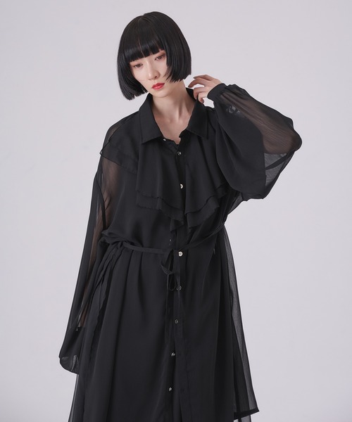 狐独 シャツ ラッフル襟ロングシアーシャツ メンズ レディース 