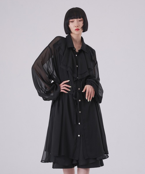 狐独 シャツ ラッフル襟ロングシアーシャツ メンズ レディース