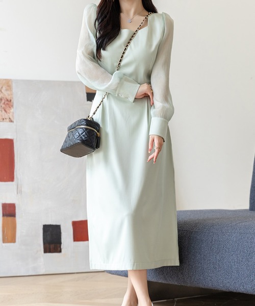 【ROKSANDA】 水色 ボリューム袖 バックリボン Vネック ワンピース DAY CLOSET ワンピース レディース シースルーボリューム袖のバック