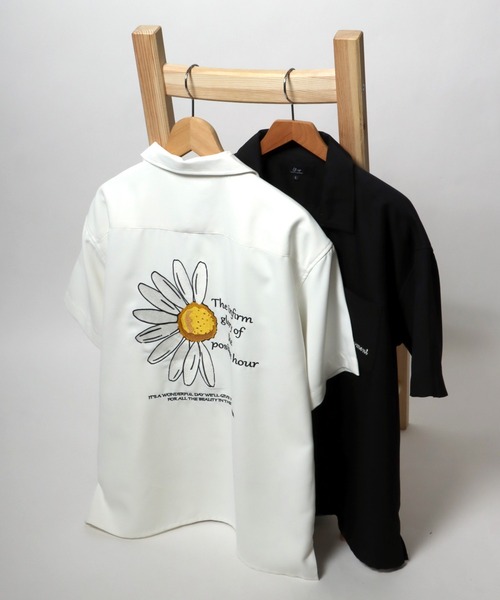 シャツ 半袖 背中刺繍オープンカラーシャツ/花刺繍・バラ