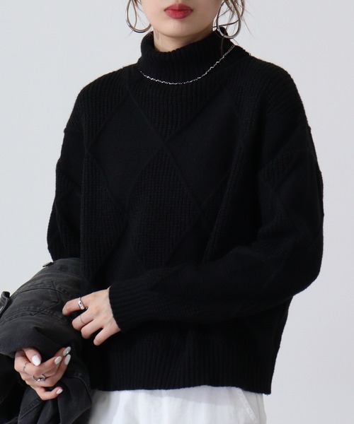 ニット セーター a.n.l 格子柄ハイネックニット レディース ニット セーター a.n.l 格子柄ハイネックニット レディース