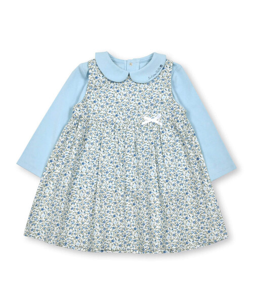 ローン花柄ジャンパースカート+襟付き長袖Tシャツセット(80~90cm  