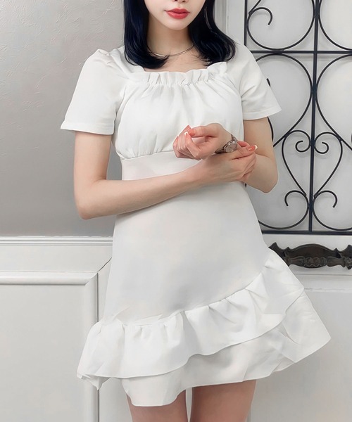 ワンピース スクエアネック パフスリーブミニワンピース