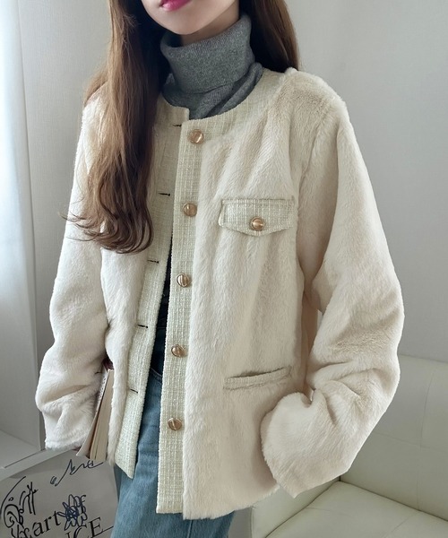 LAUIR（ラウアー） ノーカラーコート コート ツイード切り替えミドル