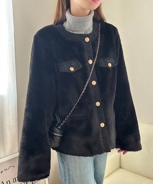 美品✨【グレースコンチネンタル】ミックスツイード ノーカラーコート 金ボタン36 LAUIR（ラウアー） ノーカラーコート コート ツイード切り替えミドル