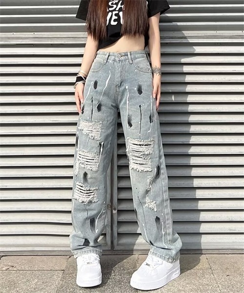 jeep レトロデニムパンツ ライトウォッシュドダメージジーンズ jeep レトロワイドデニムパンツ ストリートライトウォッシュド