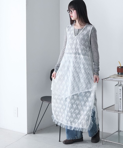デュアルヴュー レイヤードワンピース L 花柄レース ノースリーブ デュアルヴュー レイヤードワンピース L 花柄レース