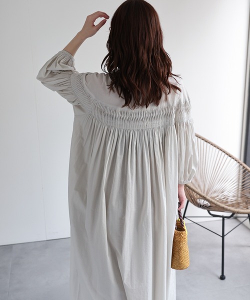 ミズイロインド ピンタックワンピース ロングシャツワンピース ギャザー コットン mizuiroind mizuiro-ind コットンピンタック刺繍シャツ