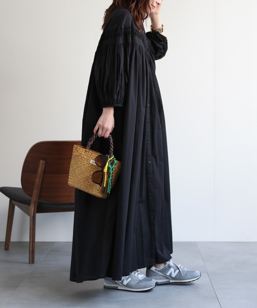 ap retro シャツワンピース 「India Fabric」ピンタックギャザーフレア