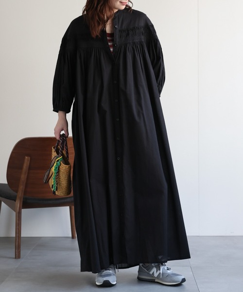 ap retro シャツワンピース 「India Fabric」ピンタックギャザーフレア