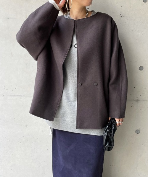 DouDou　シルクウール　リバーシブルノーカラーショートコート　ダブルフェイス DouDou シルクウール リバーシブルノーカラーショートコート ダブル