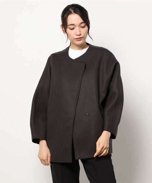 DouDou　シルクウール　リバーシブルノーカラーショートコート　ダブルフェイス DouDou シルクウール リバーシブルノーカラーショートコート ダブル