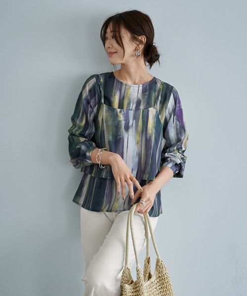 ブラウス シャツ 重ね着キャミセット水彩ストライプ柄ブラウス レディース