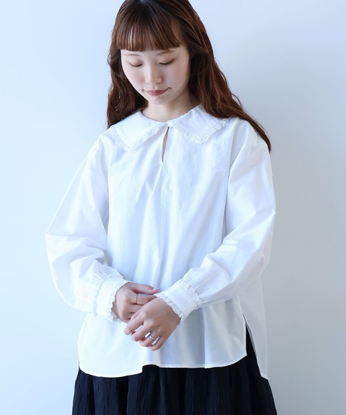 ブラウス シャツ コットン/シルク lace フリル衿ブラウス レディース