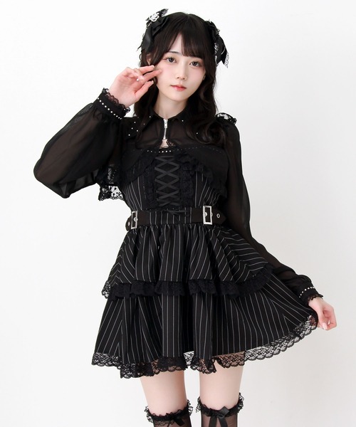 DearMyLove ワンピース 夏 半袖 スタッズジップシアーボレロレース
