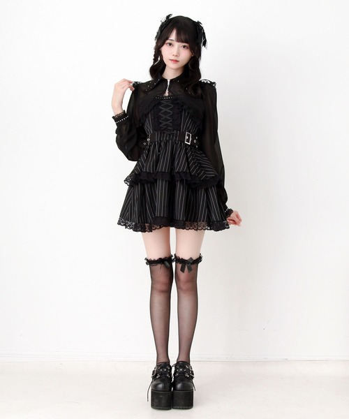 DearMyLove ワンピース 夏 半袖 スタッズジップシアーボレロレース