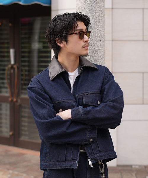 luraku 襟レザージップアップデニムジャケット ブラック LURAKU（ルラク）の「【LURAKU】Leather Collar Zip-Up Denim