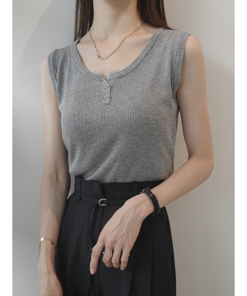 tシャツ 「RE ARRIVAL」ボタンネックリブタンクトップ / グレー レディース