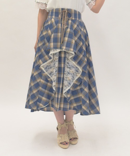 axes femme スカート チェック柄レースフリルスカート