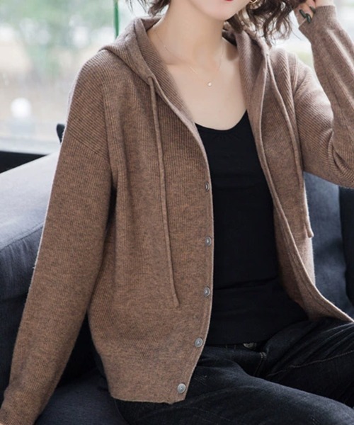 ルネ　フード付きジップアップロングカーディガン ロング カーディガン レディース フード付き ニットカーディガン 厚手