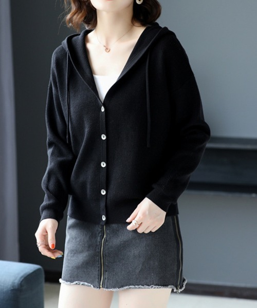 ルネ　フード付きジップアップロングカーディガン ロング カーディガン レディース フード付き ニットカーディガン 厚手