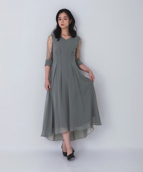 Rose of Sharon ドレス シアー袖Vネックフレアドレス : ZOZOTOWN Yahoo